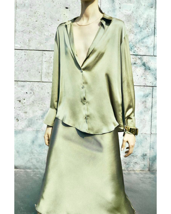 ZARA Shirt, Green Satin Shirt For Women's