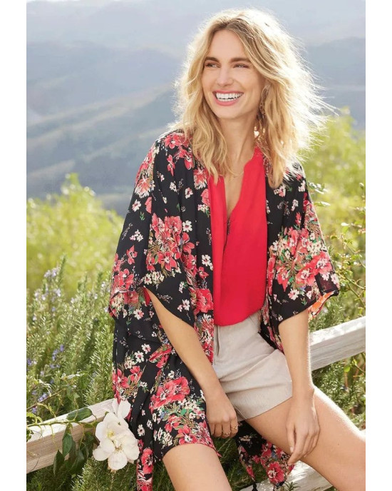 maurices Kimono, Black Floral Tassel Hem Kimono For Women's maurices Kimono, Black Floral Tassel Hem Kimono For Women's
