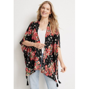 maurices Kimono, Black Floral Tassel Hem Kimono For Women's